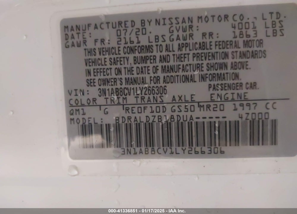 2020 NISSAN SENTRA SV XTRONIC CVT VIN: 3N1AB8CV1LY266306