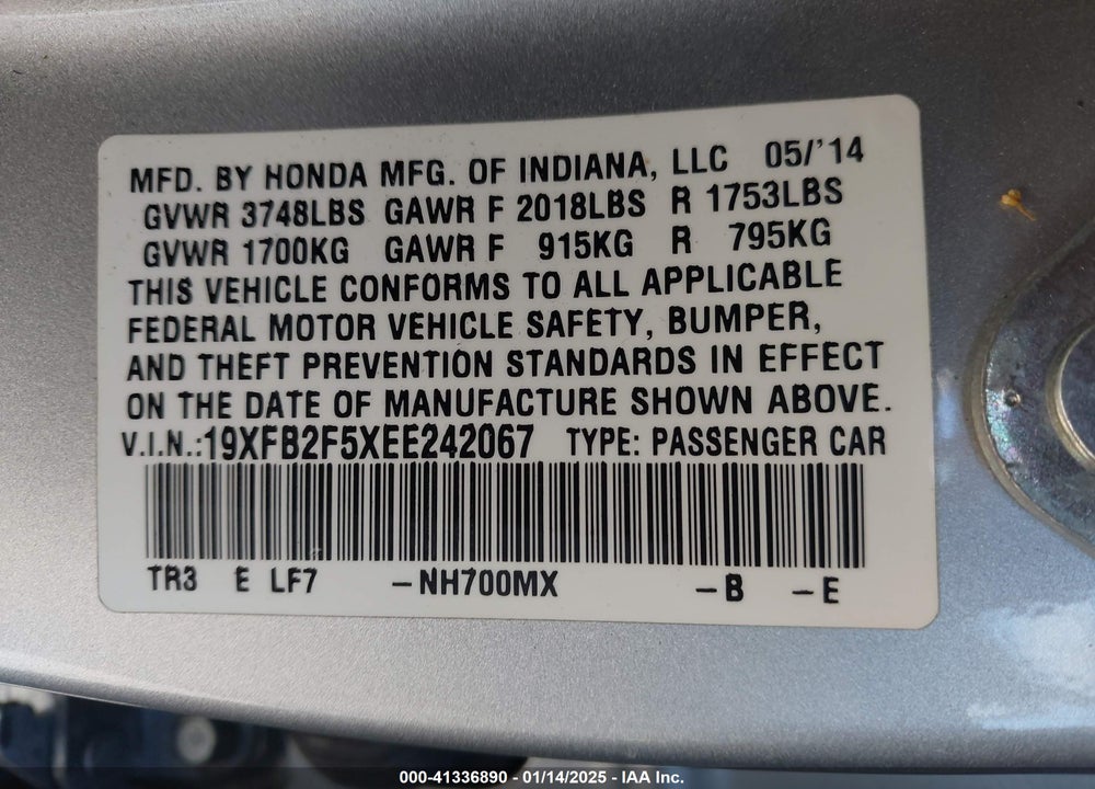 2014 HONDA CIVIC SEDAN VIN: 19XFB2F5XEE242067