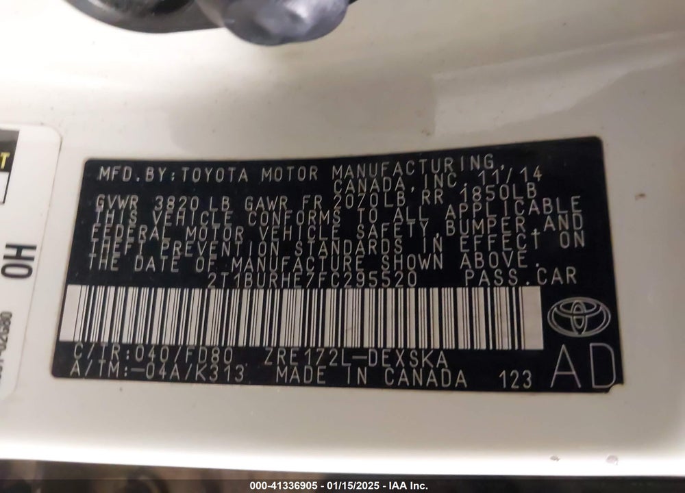 2015 TOYOTA COROLLA VIN: 2T1BURHE7FC295520