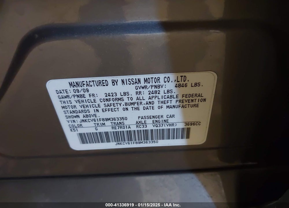 2009 INFINITI G37X VIN: JNKCV61F89M363350