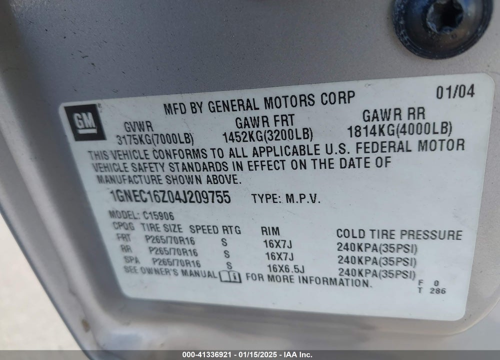 2004 CHEVROLET SUBURBAN 1500 LS VIN: 1GNEC16Z04J209755