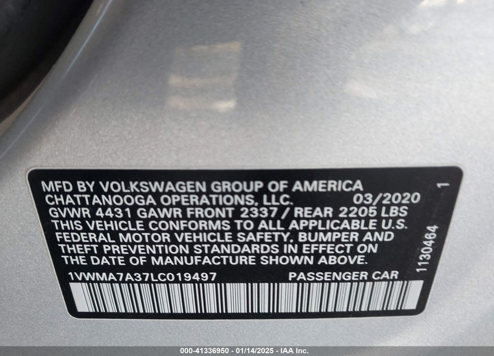 2020 VOLKSWAGEN PASSAT VIN: 1VWMA7A37LC019497