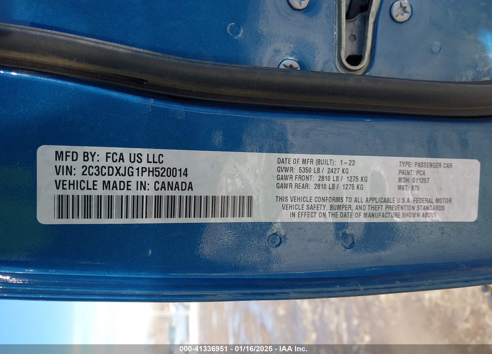 2023 DODGE CHARGER VIN: 2C3CDXJG1PH520014