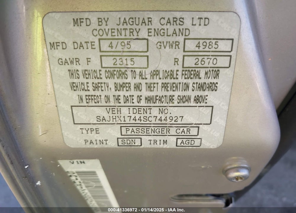 1995 JAGUAR XJ6 VIN: SAJHX1744SC744927