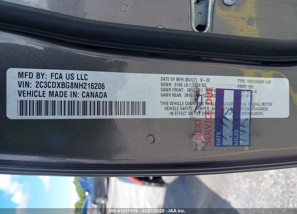 2022 DODGE CHARGER VIN: 2C3CDXBG8NH216206