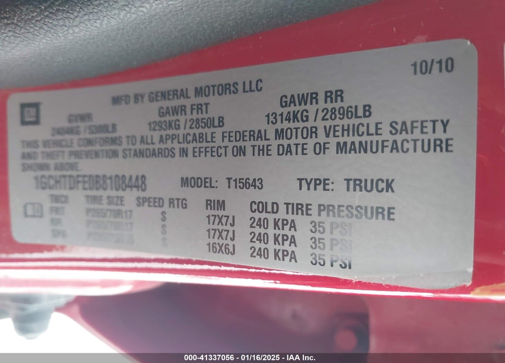 2011 CHEVROLET COLORADO VIN: 1GCHTDFE0B8108448