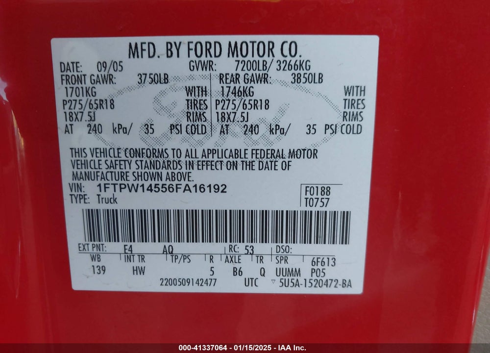 2006 FORD F-150 FX4/LARIAT/XLT VIN: 1FTPW14556FA16192