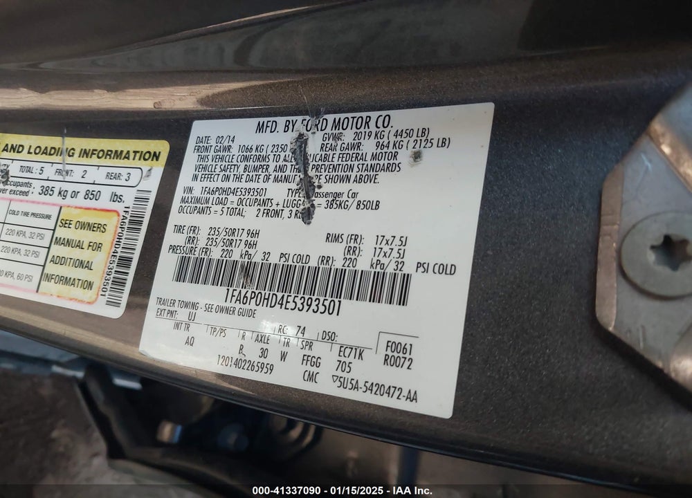 2014 FORD FUSION SE VIN: 1FA6P0HD4E5393501