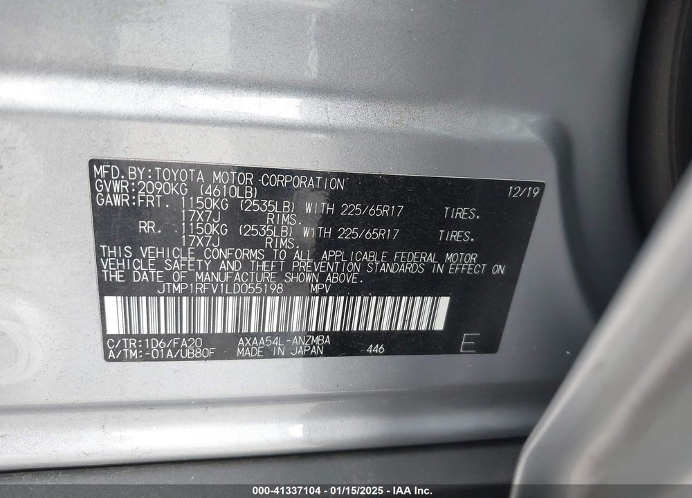 2020 TOYOTA RAV4 XLE VIN: JTMP1RFV1LD055198