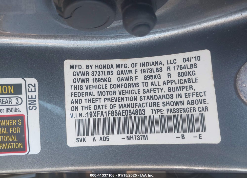 2010 HONDA CIVIC VIN: 19XFA1F85AE054803
