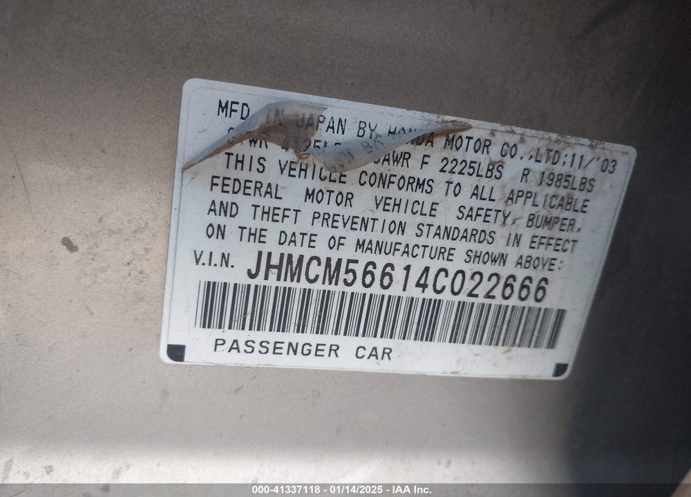 2004 HONDA ACCORD 2.4 EX VIN: JHMCM56614C022666