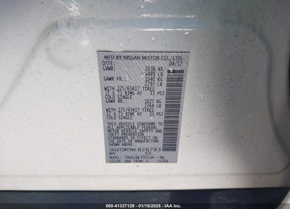 2017 NISSAN ROGUE SV VIN: 5N1AT2MT9HC826783