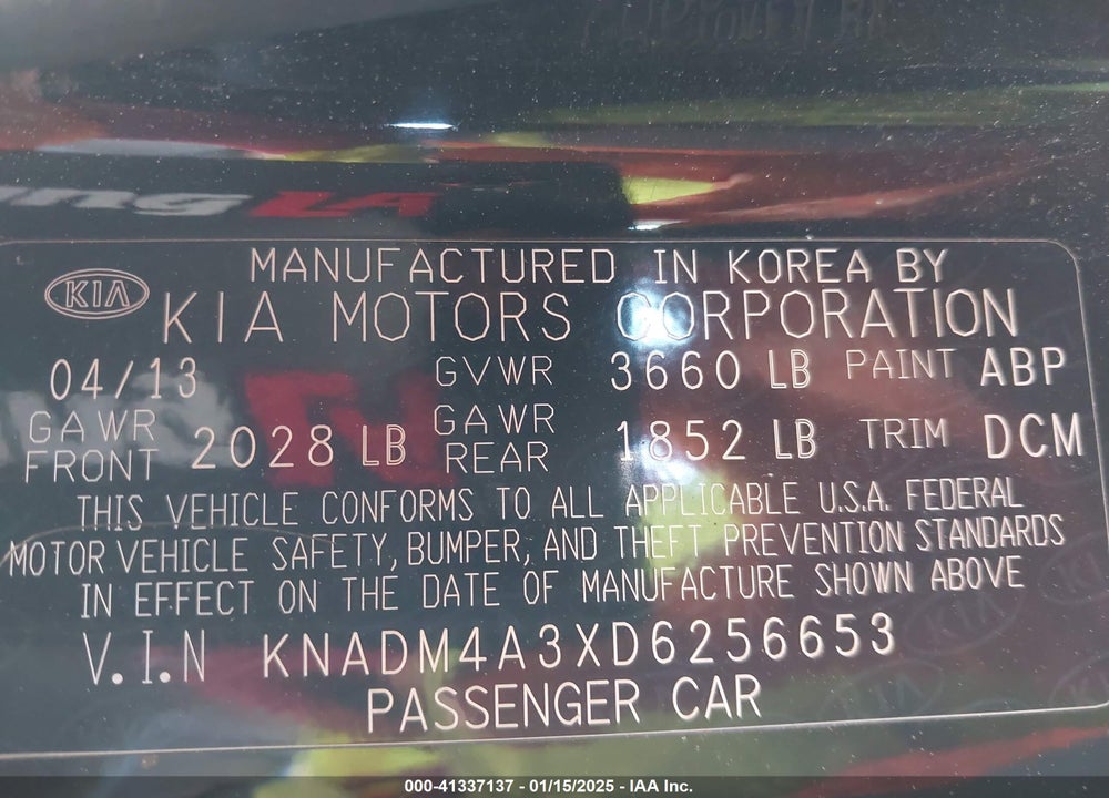 2013 KIA RIO VIN: KNADM4A3XD6256653