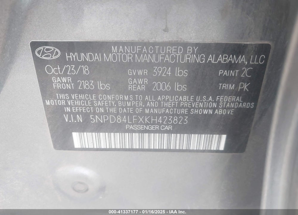 2019 HYUNDAI ELANTRA VIN: 5NPD84LFXKH423823