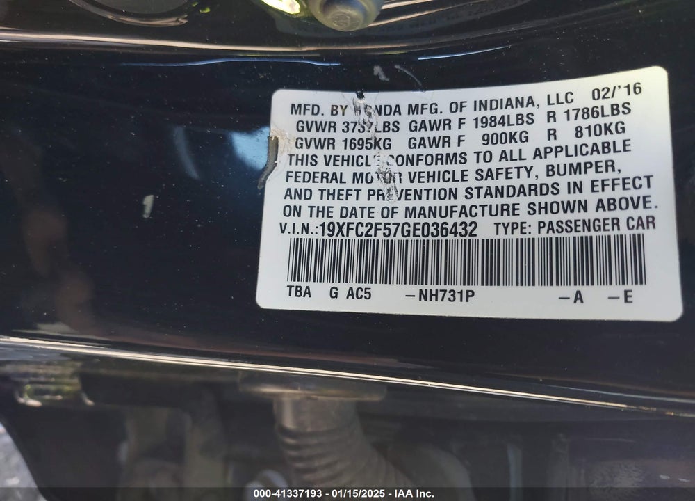 2016 HONDA CIVIC LX VIN: 19XFC2F57GE036432