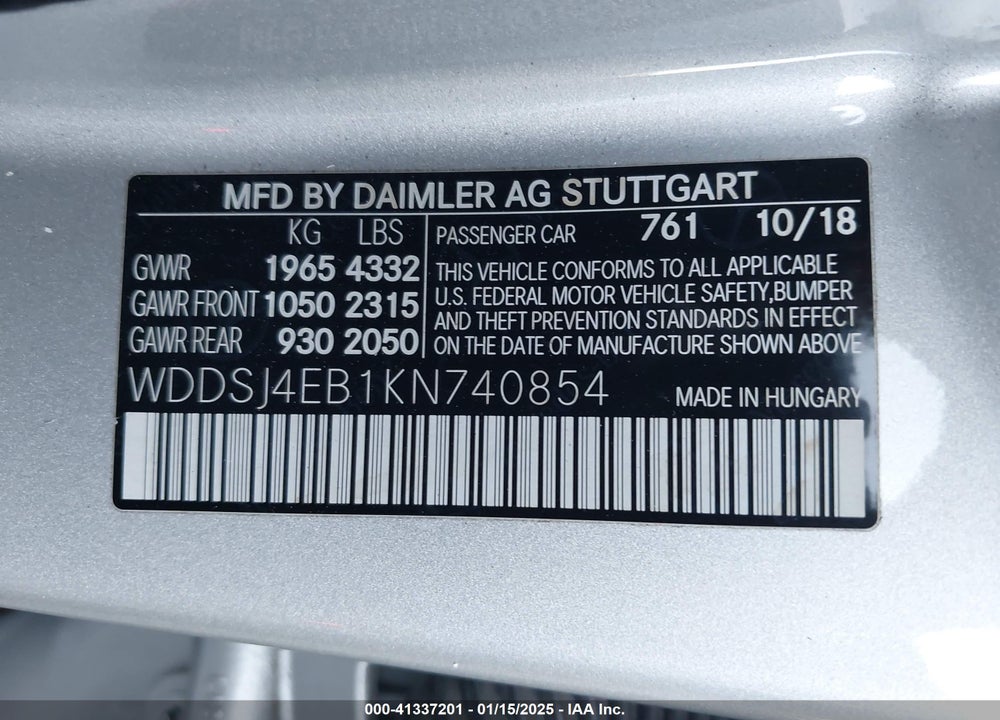 2019 MERCEDES-BENZ CLA 250 VIN: WDDSJ4EB1KN740854