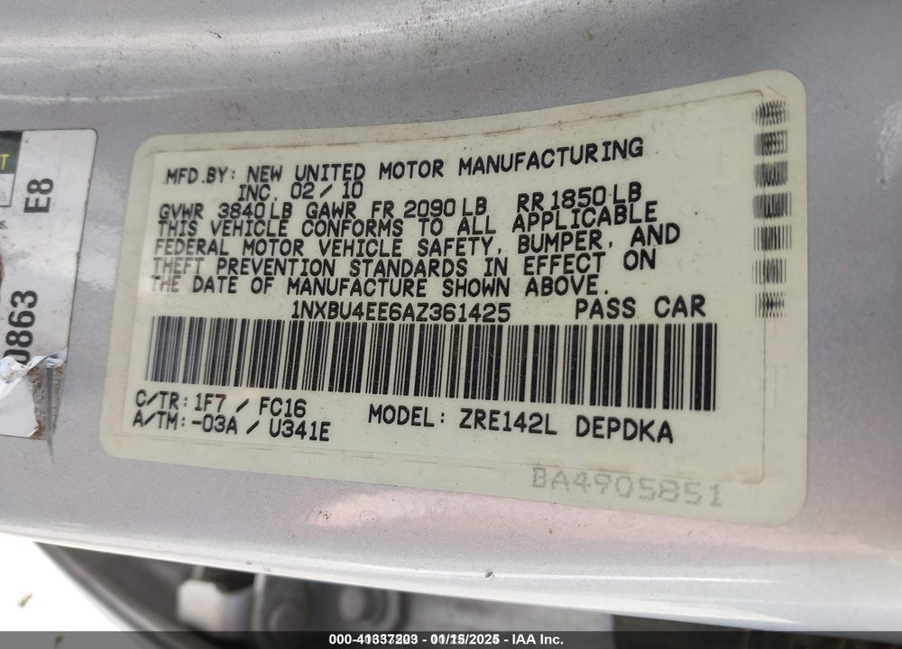 2010 TOYOTA COROLLA VIN: 1NXBU4EE6AZ361425