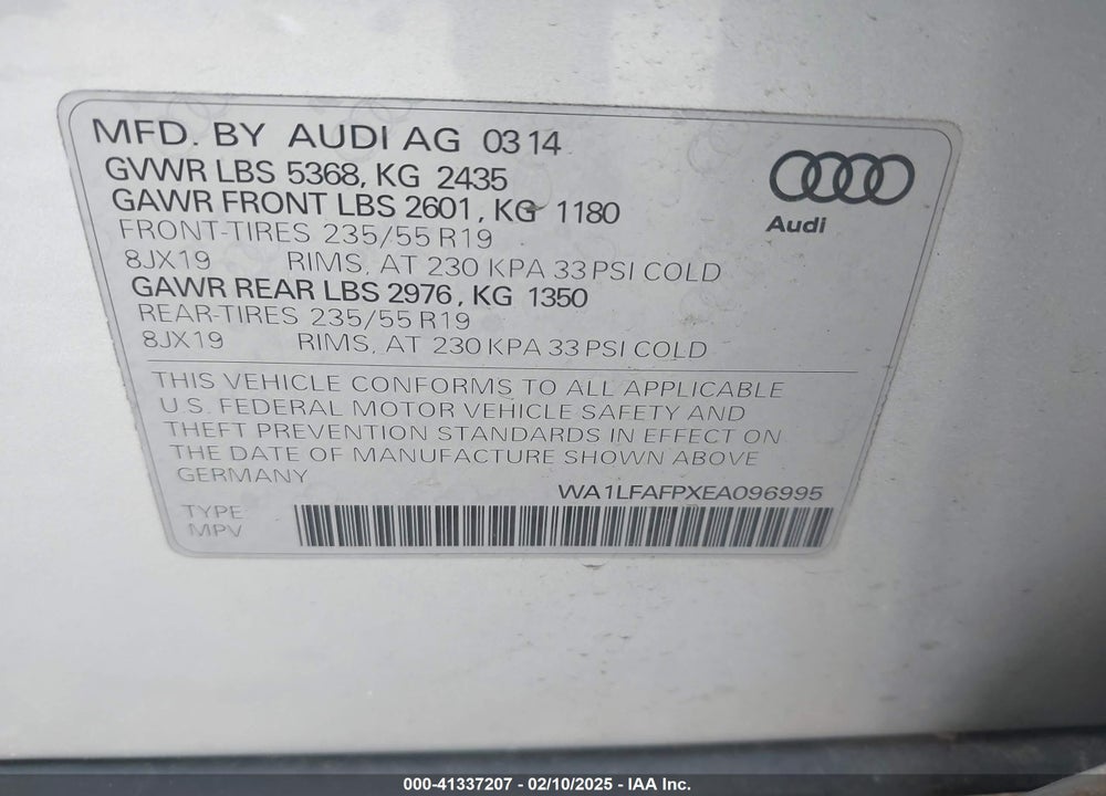 2014 AUDI Q5 2.0T PREMIUM VIN: WA1LFAFPXEA096995