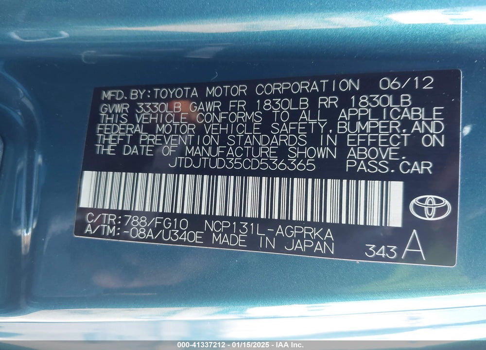 2012 TOYOTA YARIS VIN: JTDJTUD35CD536365