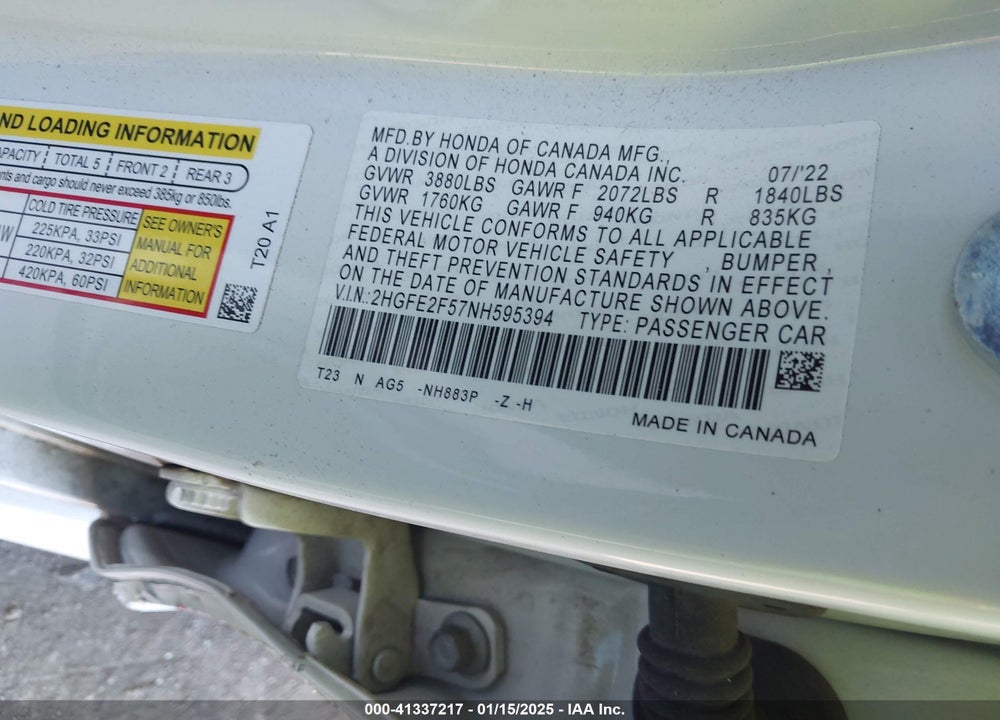 2022 HONDA CIVIC VIN: 2HGFE2F57NH595394