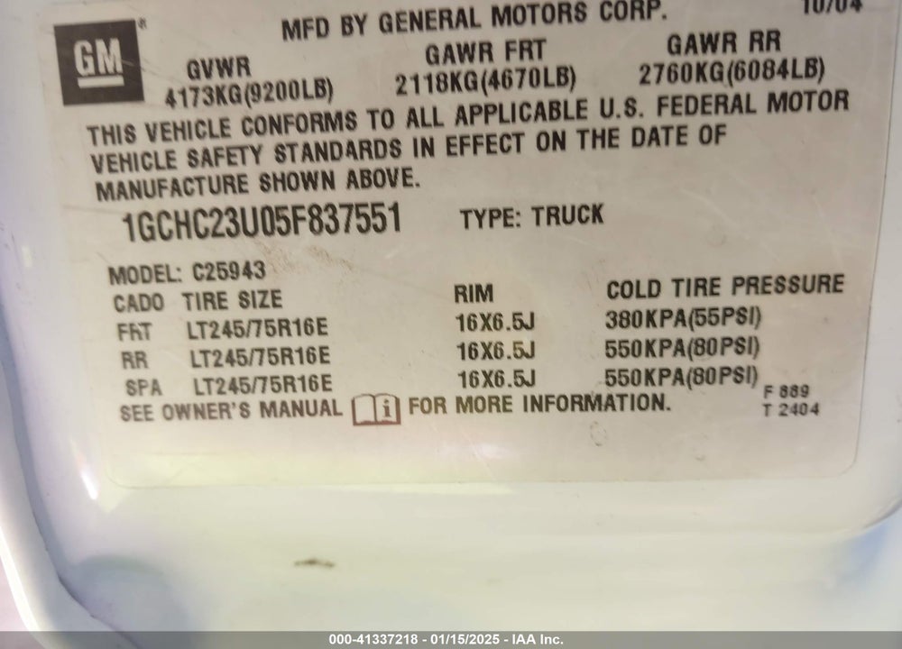 2005 CHEVROLET SILVERADO 2500HD LS VIN: 1GCHC23U05F837551