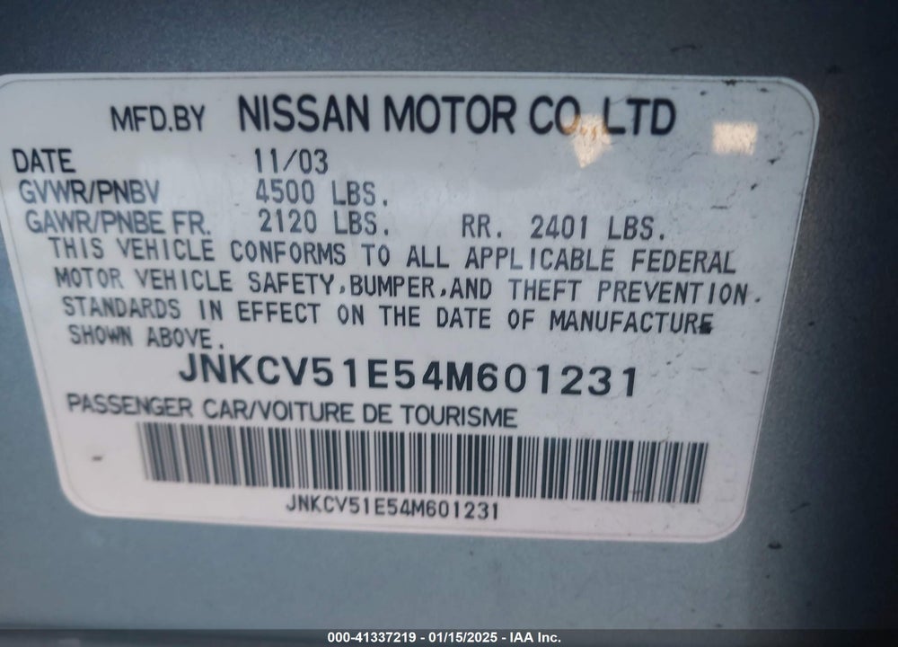 2004 INFINITI G35 VIN: JNKCV51E54M601231