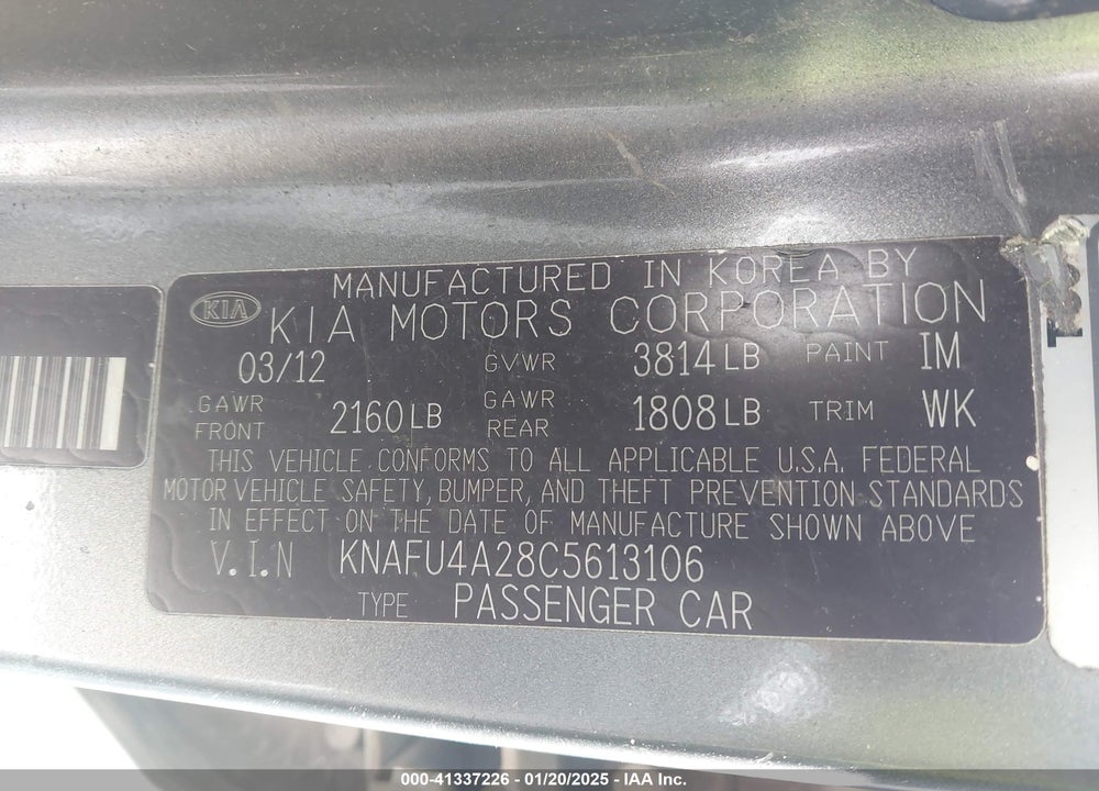 2012 KIA FORTE VIN: KNAFU4A28C5613106