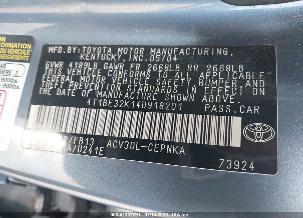 2004 TOYOTA CAMRY LE VIN: 4T1BE32K14U918201