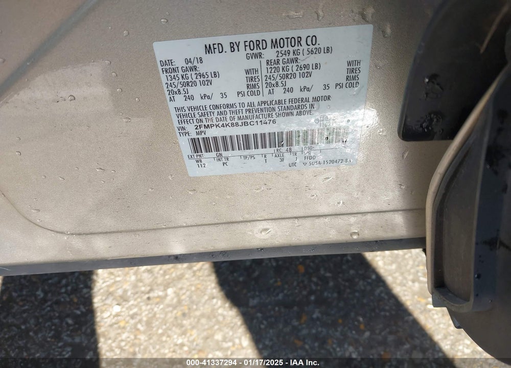2018 FORD EDGE TITANIUM VIN: 2FMPK4K88JBC11476