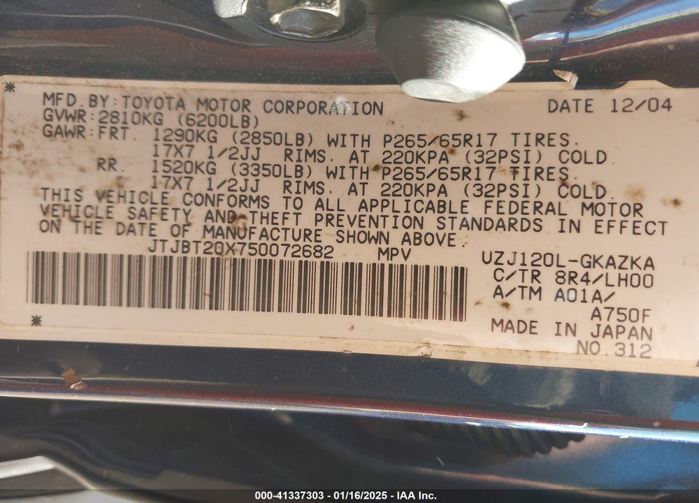 2005 LEXUS GX 470 VIN: JTJBT20X750072682
