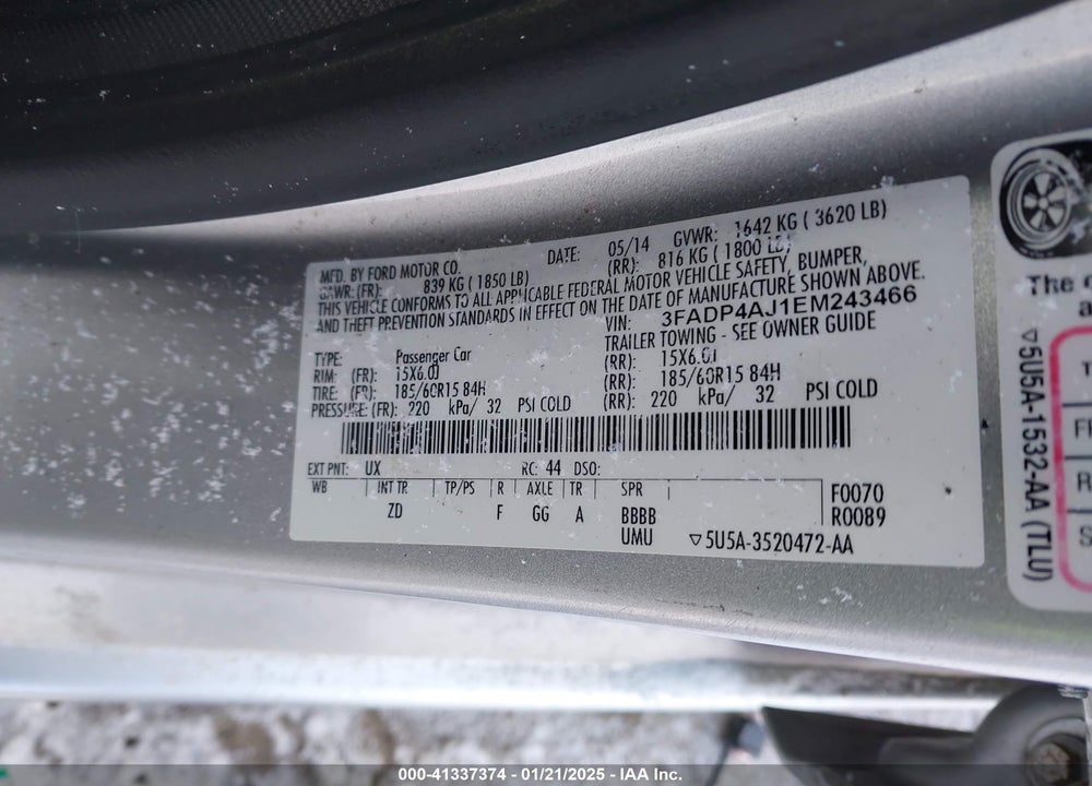 2014 FORD FIESTA VIN: 3FADP4AJ1EM243466