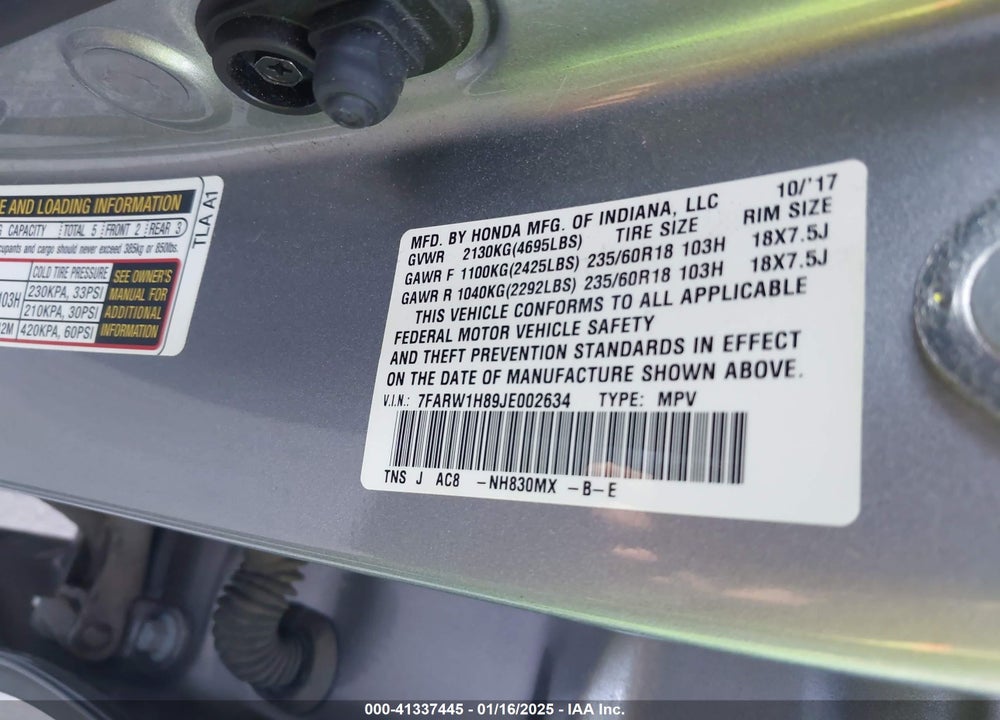 2018 HONDA CR-V EX-L/EX-L NAVI VIN: 7FARW1H89JE002634