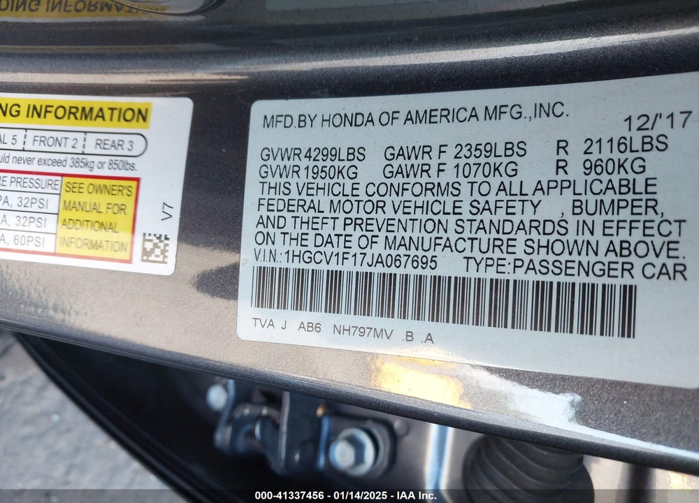 2018 HONDA ACCORD VIN: 1HGCV1F17JA067695