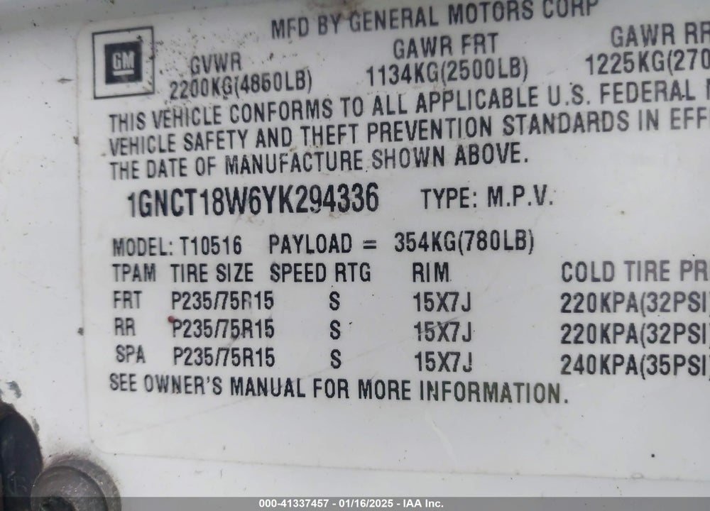 2000 CHEVROLET BLAZER LS VIN: 1GNCT18W6YK294336
