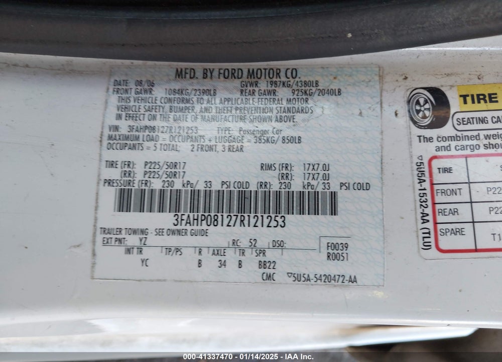 2007 FORD FUSION SEL VIN: 3FAHP08127R121253