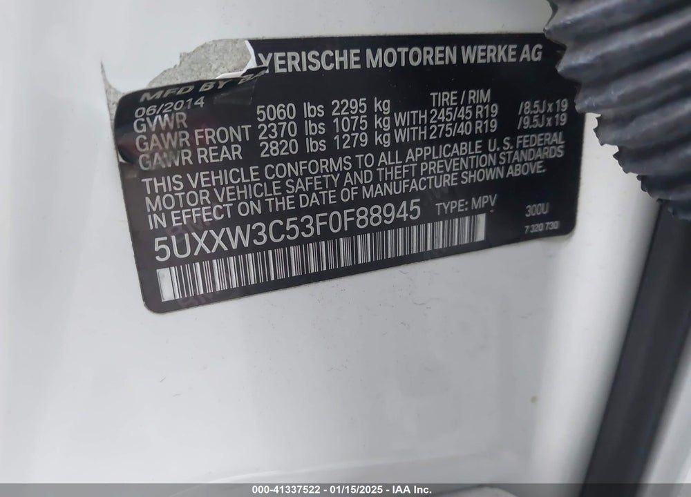2015 BMW X4 XDRIVE28I VIN: 5UXXW3C53F0F88945