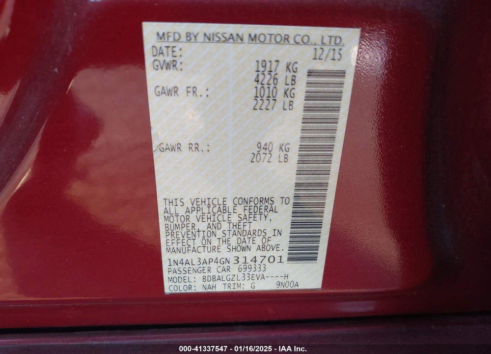 2016 NISSAN ALTIMA 2.5 S VIN: 1N4AL3AP4GN314701