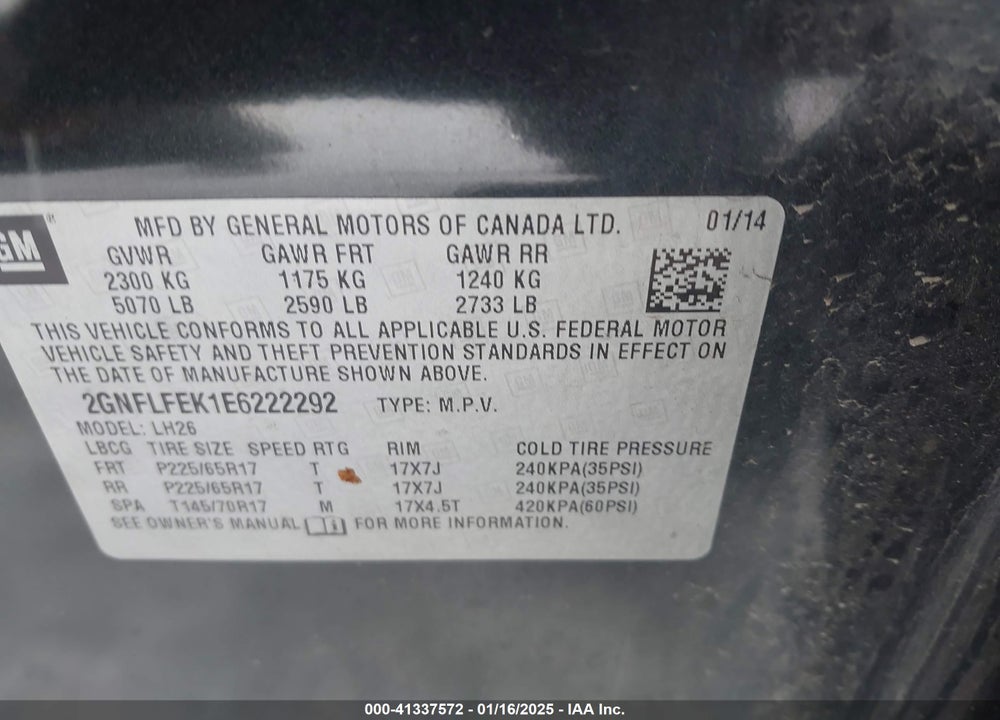 2014 CHEVROLET EQUINOX 1LT VIN: 2GNFLFEK1E6222292