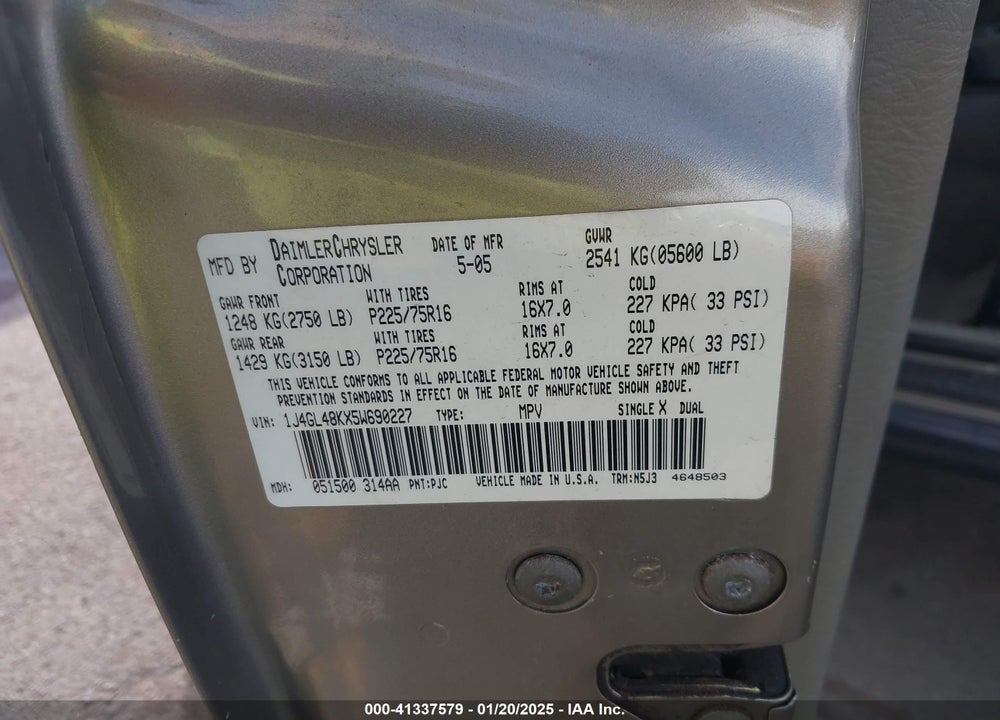 2005 JEEP LIBERTY SPORT VIN: 1J4GL48KX5W690227