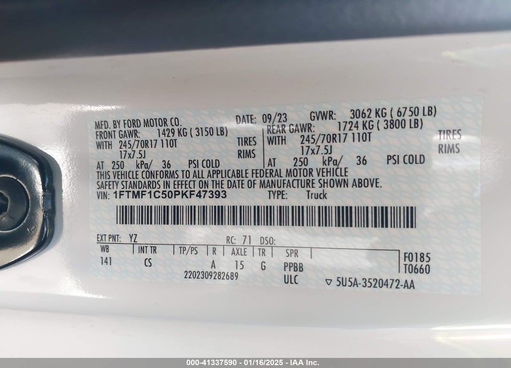 2023 FORD F-150 VIN: 1FTMF1C50PKF47393