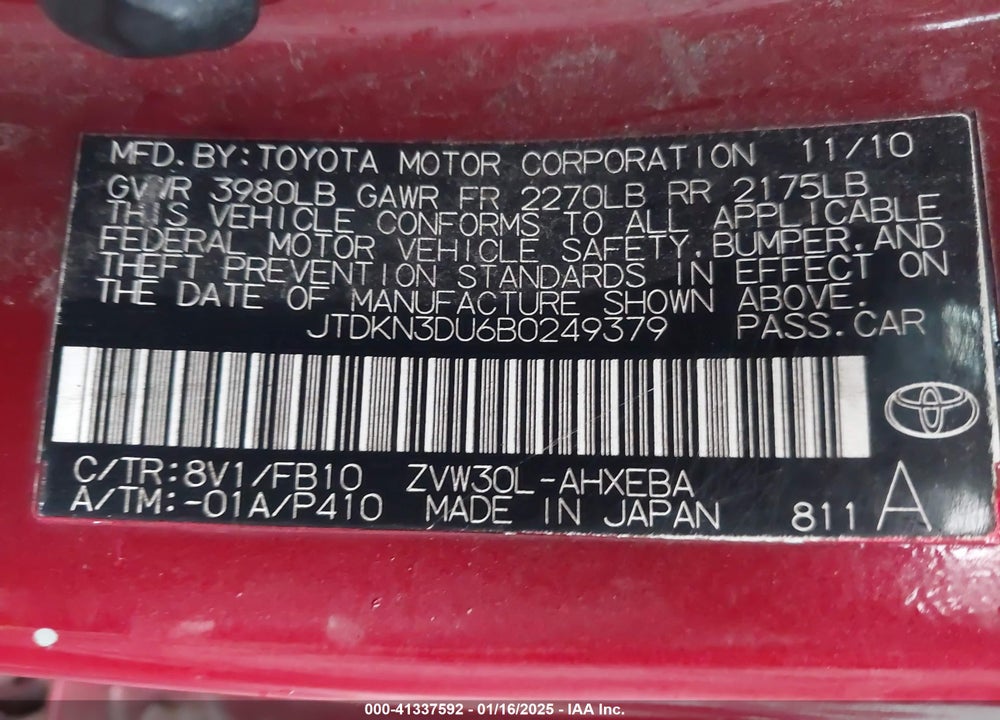 2011 TOYOTA PRIUS VIN: JTDKN3DU6B0249379