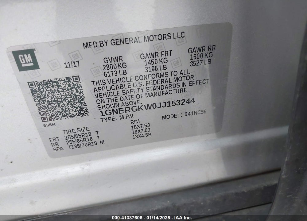2018 CHEVROLET TRAVERSE 1LT VIN: 1GNERGKW0JJ153244