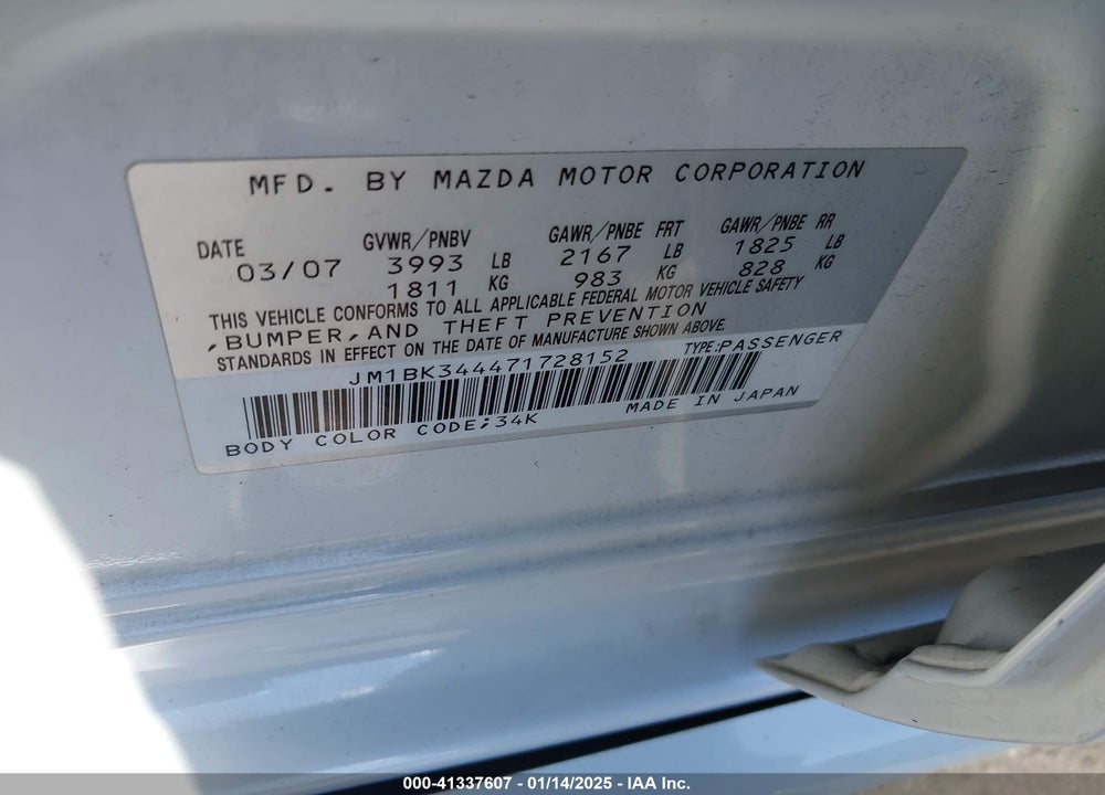 2007 MAZDA MAZDA3 VIN: JM1BK344471728152