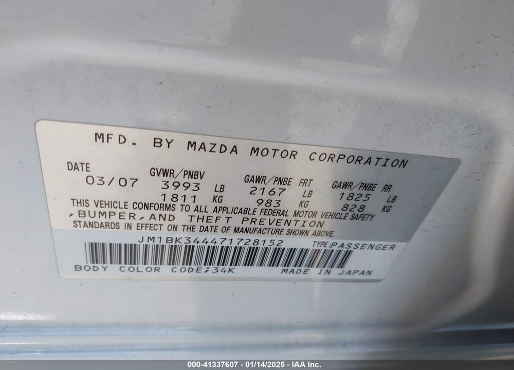2007 MAZDA MAZDA3 VIN: JM1BK344471728152