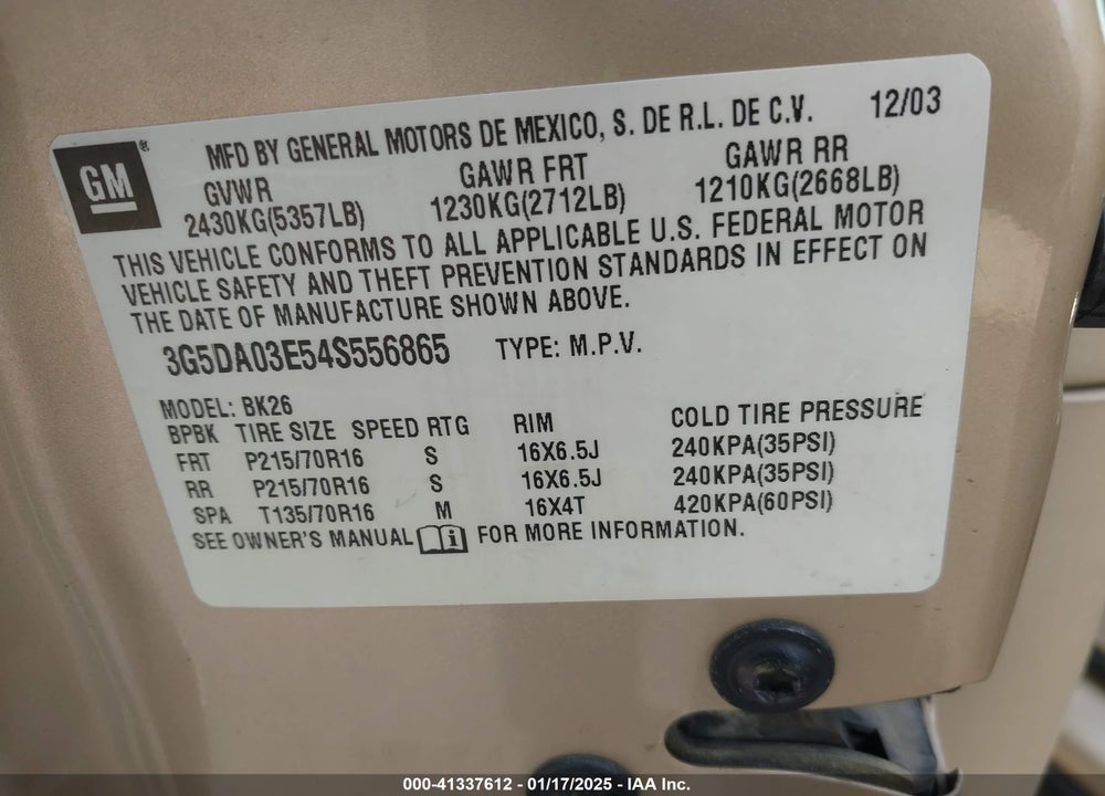 2004 BUICK RENDEZVOUS CX VIN: 3G5DA03E54S556865