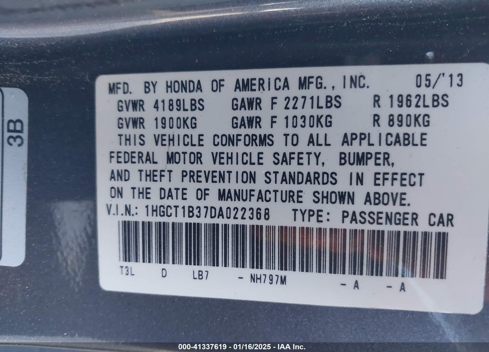2013 HONDA ACCORD VIN: 1HGCT1B37DA022368