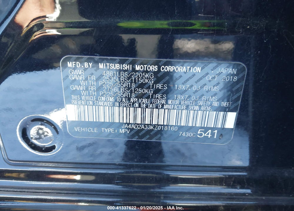 2019 MITSUBISHI OUTLANDER ES VIN: JA4AD2A33KZ018160