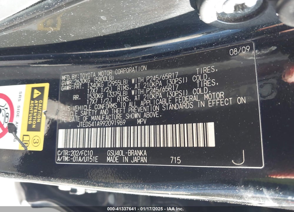 2009 TOYOTA HIGHLANDER VIN: JTEDS41A992091969