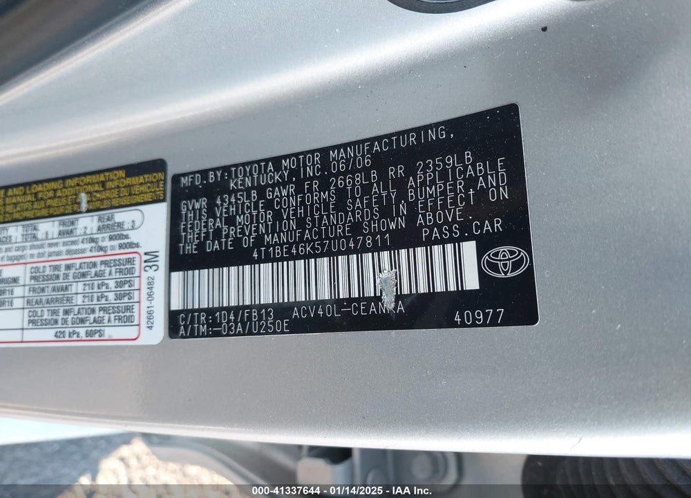 2007 TOYOTA CAMRY LE VIN: 4T1BE46K57U047811