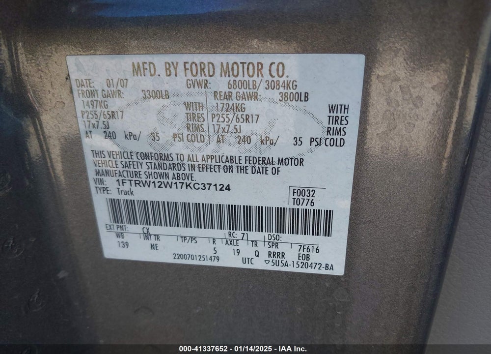 2007 FORD F-150 XLT VIN: 1FTRW12W17KC37124